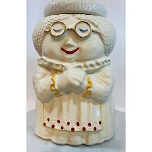 Vintage McCoy Cookie Jar Canister Grandma Granny Cream Apron Gold Glasses Smile